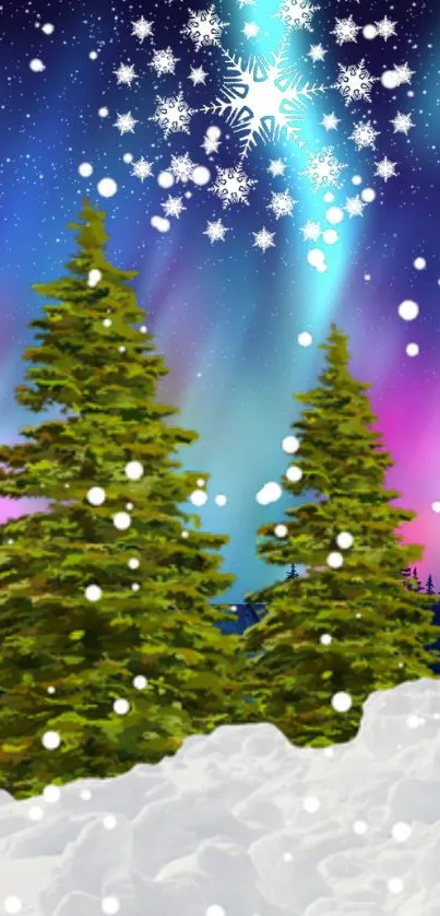 Magical winter scene with snowflakes, vibrant sky, and evergreen trees for mobile wallpaper.