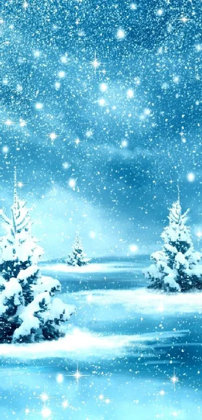 Winter scene with snow and stars in blue tones.