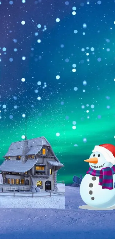 Snowman and cottage under northern lights in a snowy landscape.