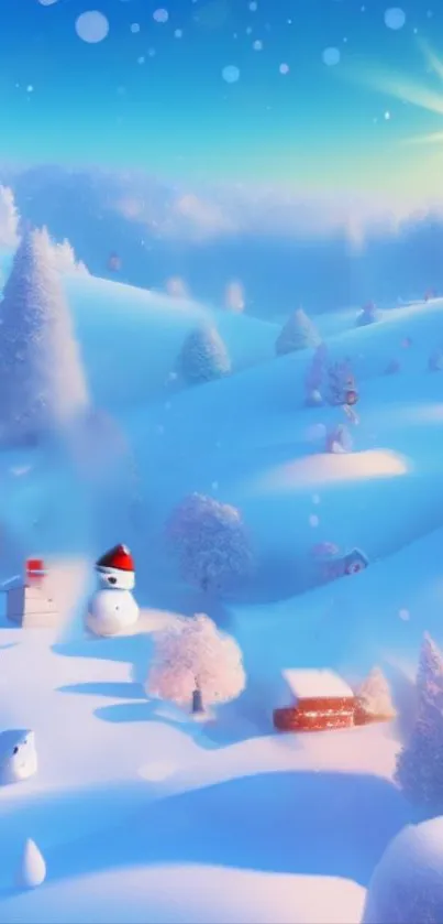 Winter landscape with snowmen and hills under a bright sky.