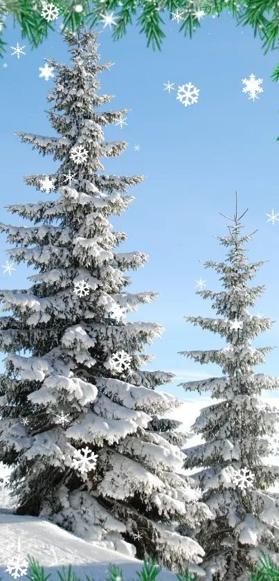 Snow-covered trees against a blue sky with snowflakes.