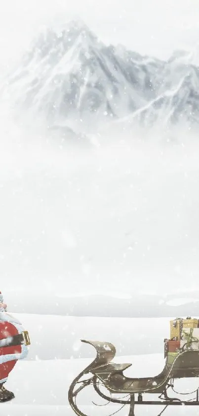 Santa with sleigh and reindeer in a snowy landscape.