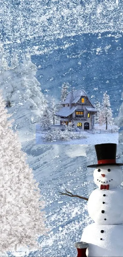 Snowman and cabin in a snowy winter landscape wallpaper.