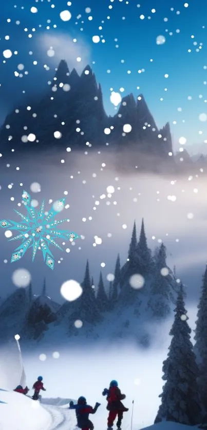Snowy mountains with pine trees and snowflake under a blue sky.
