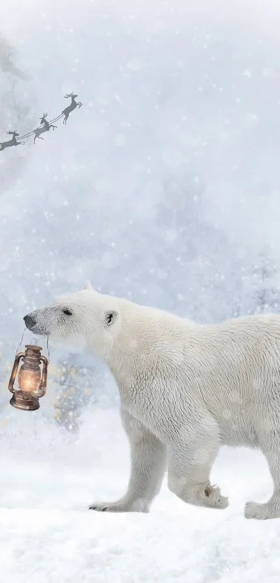 Polar bear with lantern under a snowy winter sky featuring Santa's sleigh.