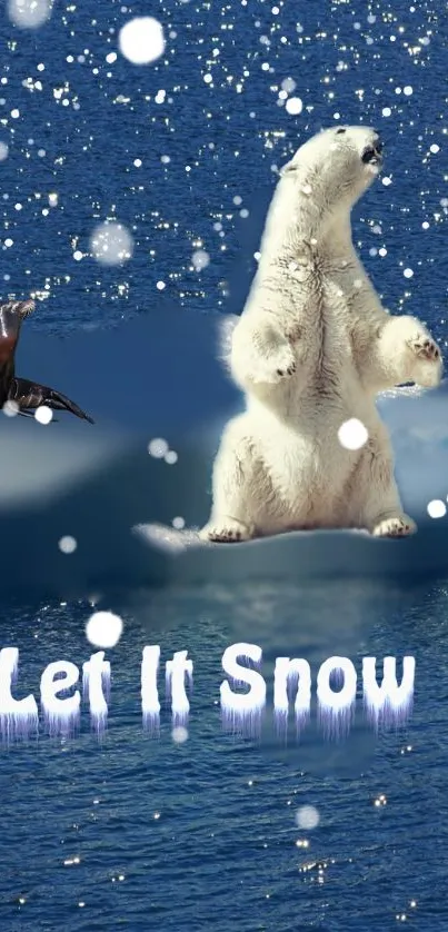 Polar bear on ice with snowflakes falling on a blue sea.