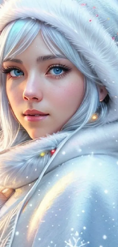 Winter-themed portrait of a young woman in snowy attire.