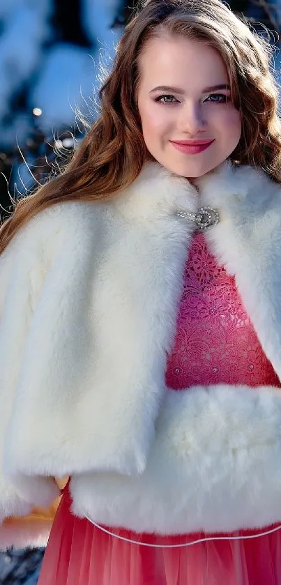 Young woman in white fur coat standing in snowy landscape.