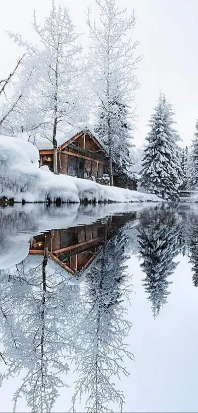 Snowy cabin by a reflective river in a winter forest.