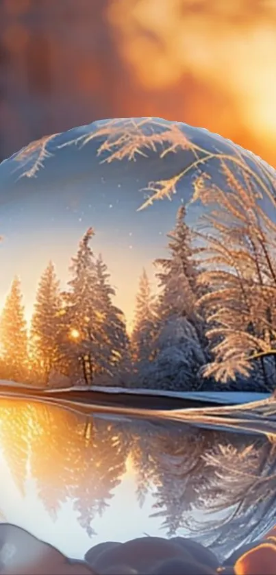 Winter wonderland wallpaper with snow-covered trees and warm sunset reflection.