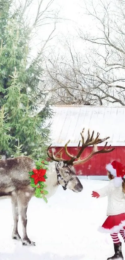 A festive winter scene with a reindeer and girl in a Santa outfit, perfect for Christmas.