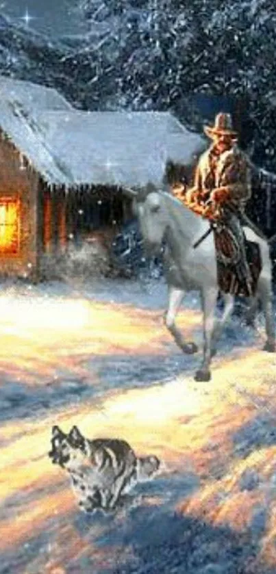 Cowboy rides through snowy landscape with dog and glowing cabin.