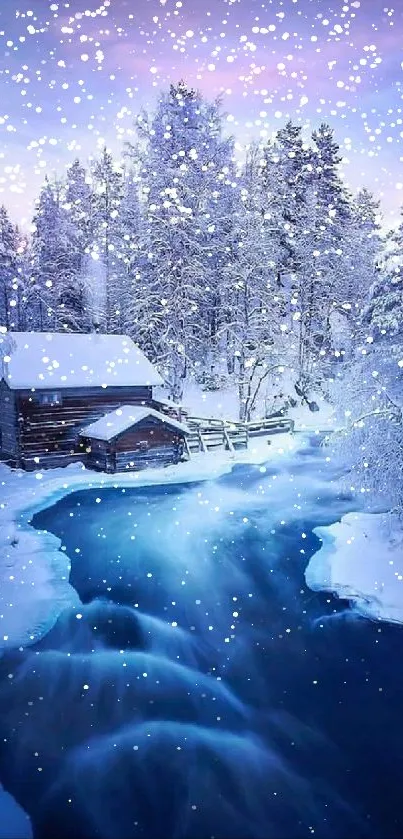 A snowy cabin at dusk by a vibrant blue river in a winter forest scene.