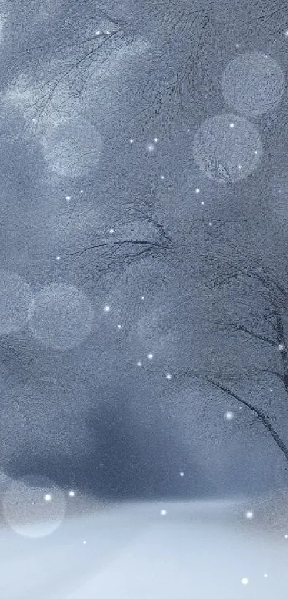 Snowy road with frosted trees in serene winter landscape.