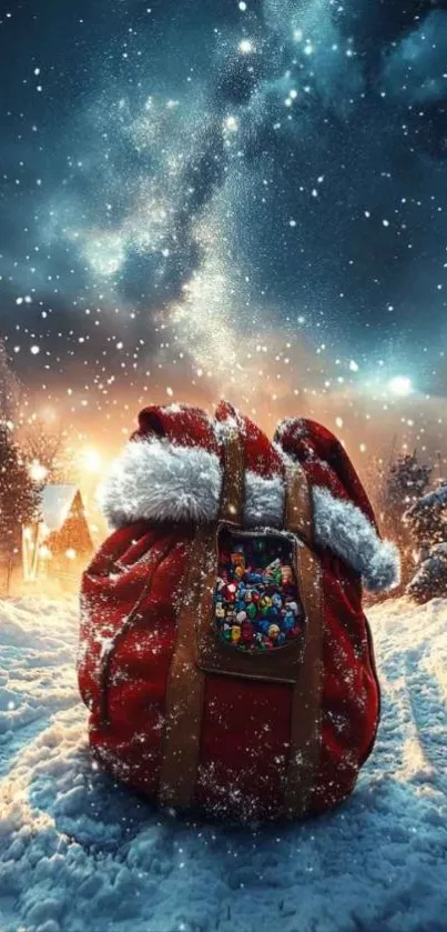 Santa bag in snowy winter night scene with stars.