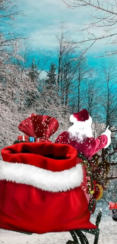Santa with sleigh in snowy forest under bright blue sky.