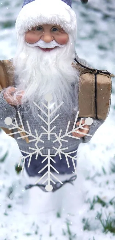 Charming Santa in snowy winter scene with snowflake overlay.