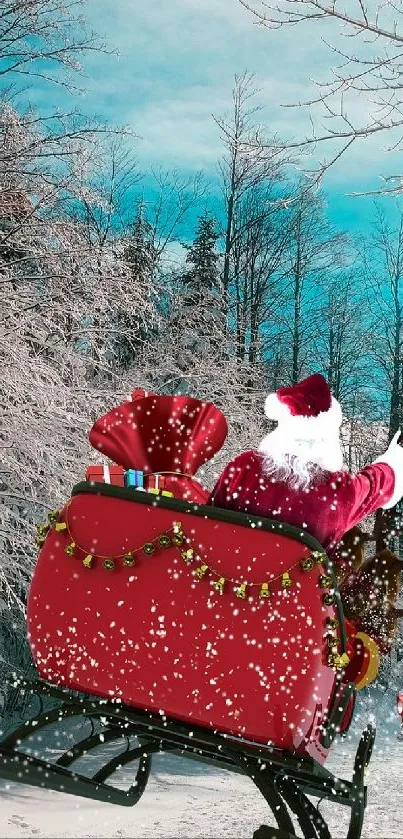 Santa's sleigh in a snowy forest with bright sunlight.