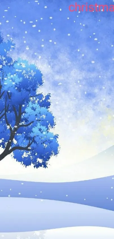 Snowy landscape with a blue tree and falling snow.