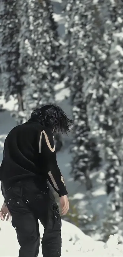 Person in black in snowy forest scene.