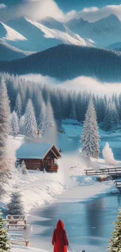 Serene snowy landscape with mountains and cozy cabins for mobile wallpaper.