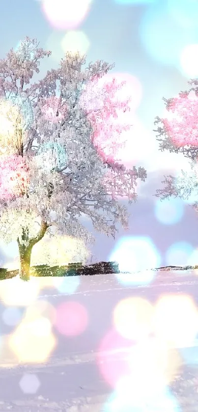 Snow-covered winter landscape with trees.