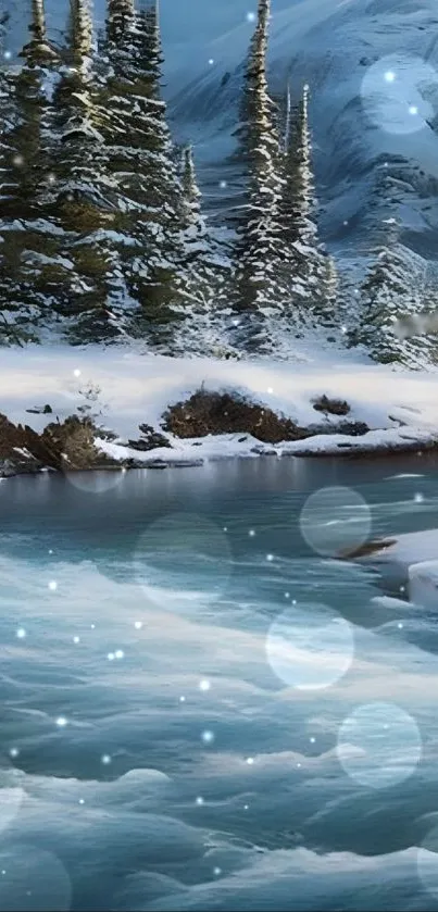 Serene winter scene with snowy trees and a tranquil river.