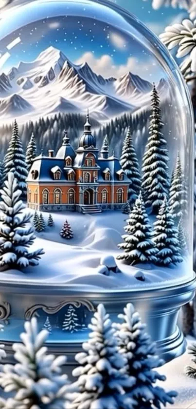Captivating winter wonderland snow globe scene with scenic snowy landscape.