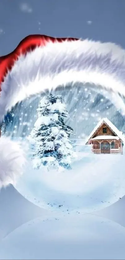 Snow globe with Santa hat over winter cabin and tree scene.