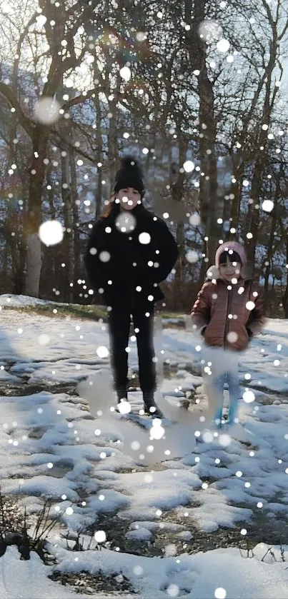 Winter scene with two figures in snowfall.