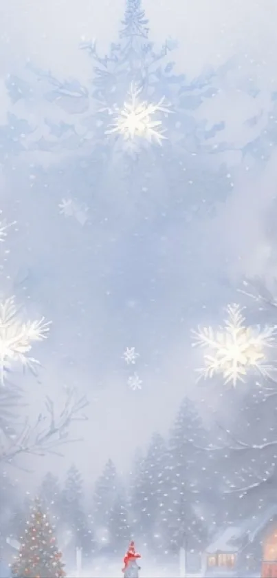 Winter-themed wallpaper with snowflakes over a snowy village scene.