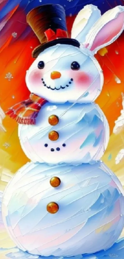 Colorful snowman in winter scene with top hat and scarf.