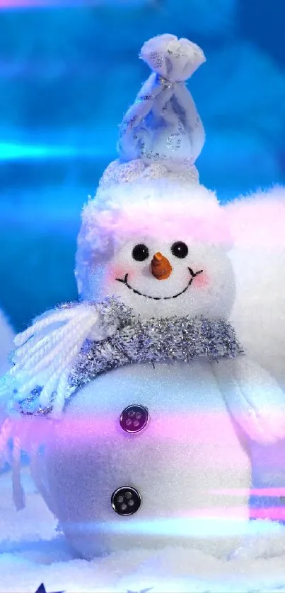 Cheerful snowman with winter ornaments and snowy backdrop.