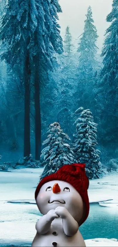Snowman with red hat in a winter forest scene with snow-covered trees.