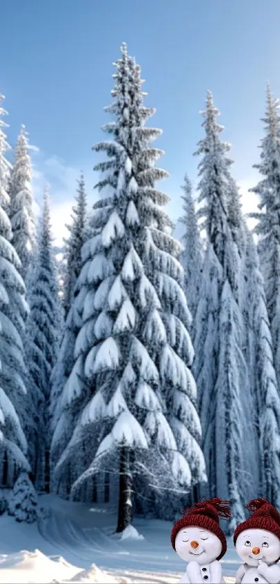 Snowy forest with snowmen and clear blue sky.