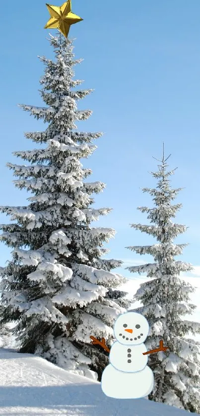 Snowman standing beneath snow-covered trees with a star above.