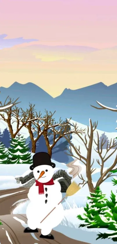 Cheerful snowman in a winter landscape with trees and mountains.