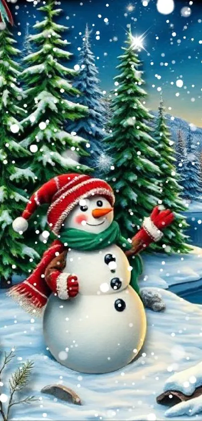 Cheerful snowman by a snowy river under moonlight in a winter forest.