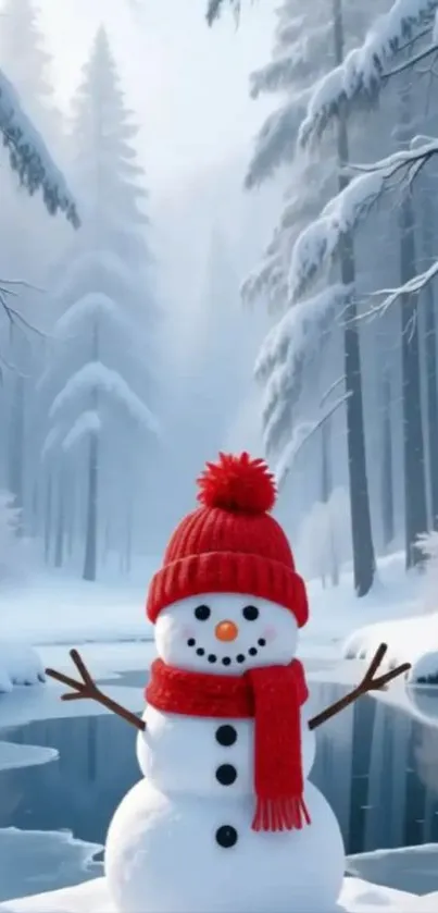 Cheerful snowman in a snowy forest setting with tall trees.