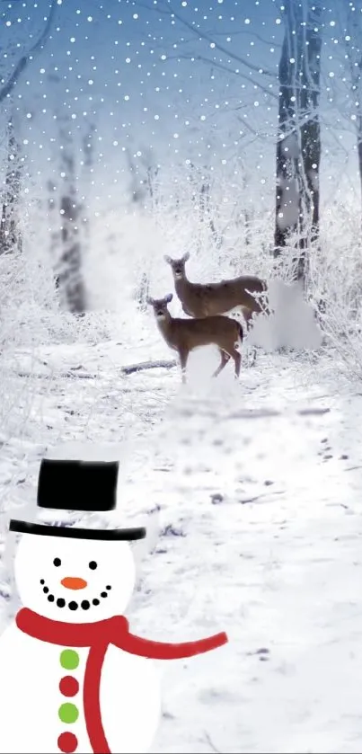 Snow-covered forest with a snowman and deer, creating a winter wonderland scene.