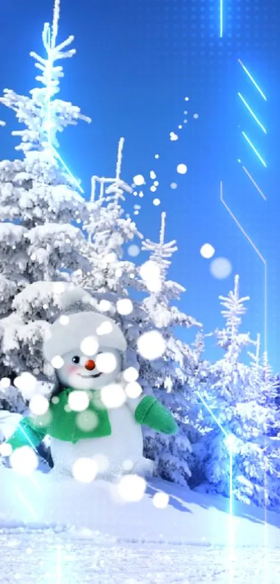 A cheerful snowman in a snowy forest with a blue sky backdrop.