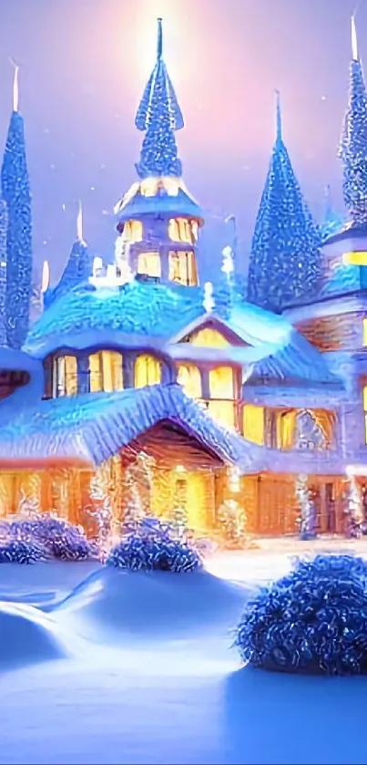 Snowy cottage with warm lights in a winter wonderland setting.