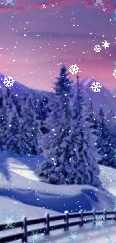 Snowy forest wallpaper with pastel sky and snowflakes