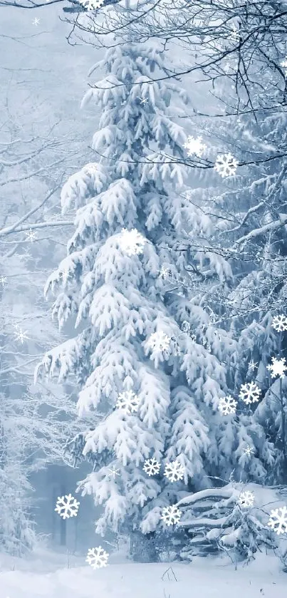 Snowy forest mobile wallpaper with cool blue tones.