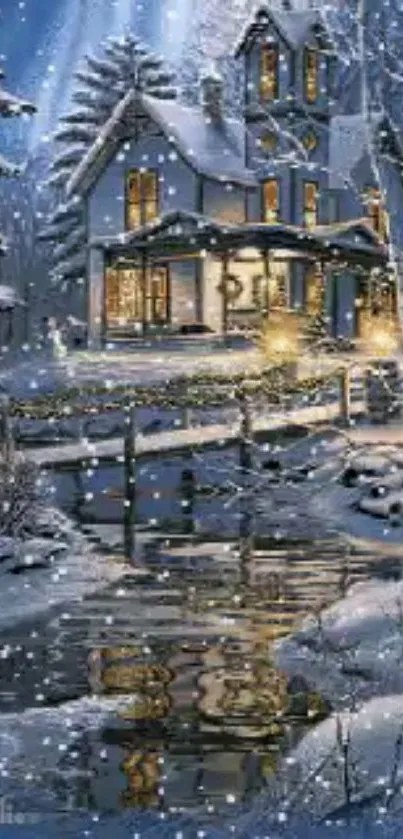 Enchanting winter house scene with snow, lights, and serene ambiance.