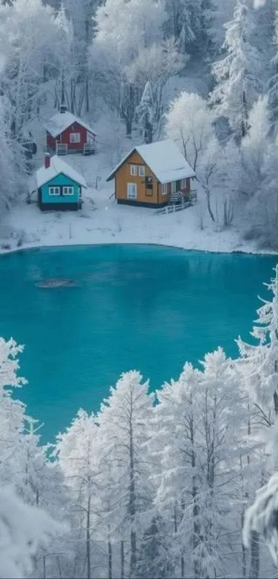 Snow-covered trees and lakeside cabins in winter.
