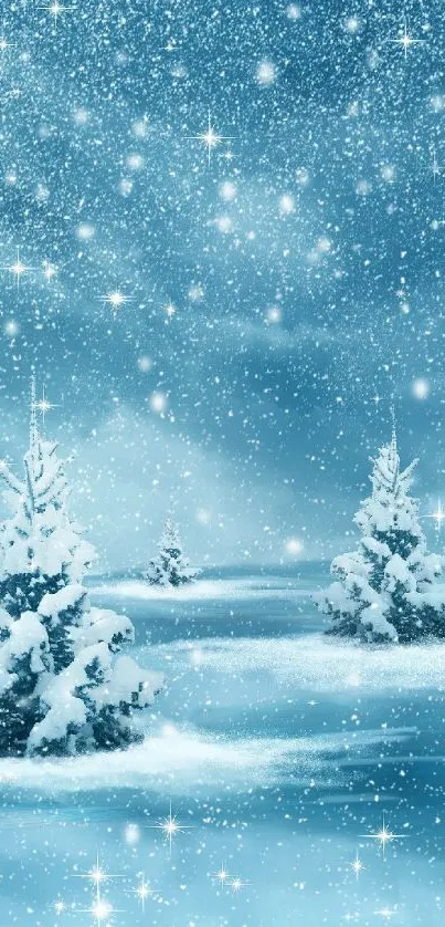 Snowy winter scene with frosted trees and falling snow in a serene landscape.