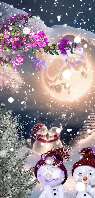 Magical winter scene with snowmen and moonlit sky.