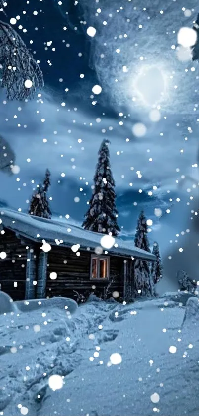 Serene snowy cabin under moonlit sky.