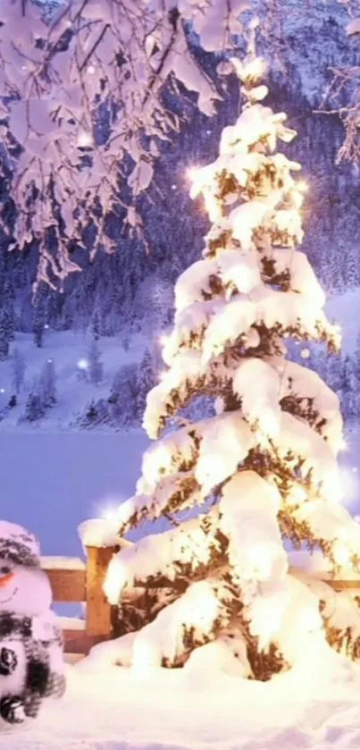 Snow-covered tree with warm lights in a winter wonderland setting.